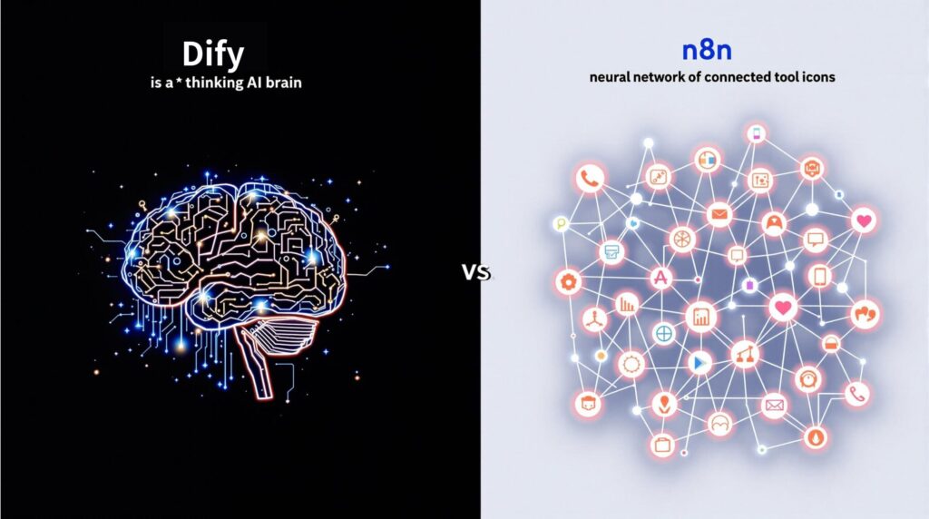Difyとn8nのコンセプトの違いを表す図。左には「AIの頭脳」としてDifyが、右には様々なツールを繋ぐ「自動化の神経網」としてn8nが描かれている。