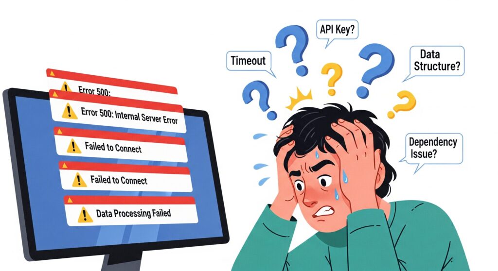 ツール導入でつまずいている人のイラスト。PCのエラー画面を前に「APIキー？」「タイムアウト？」といった問題で頭を抱えている。