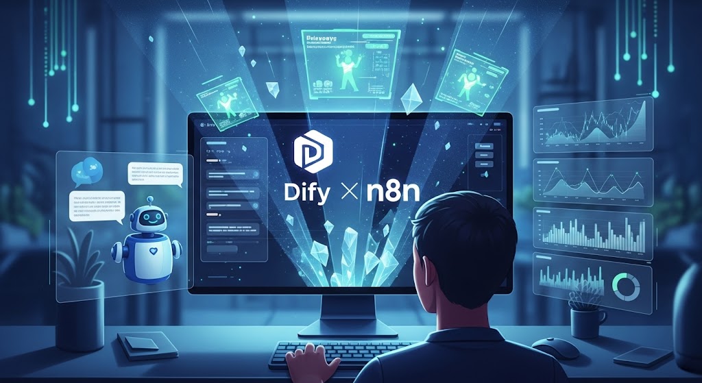 Difyとn8nを使ってアイデアを形にする人のイメージ。PCから放たれる光が、チャットボットや効率化されたグラフなどの具体的なサービスへと変わっている。