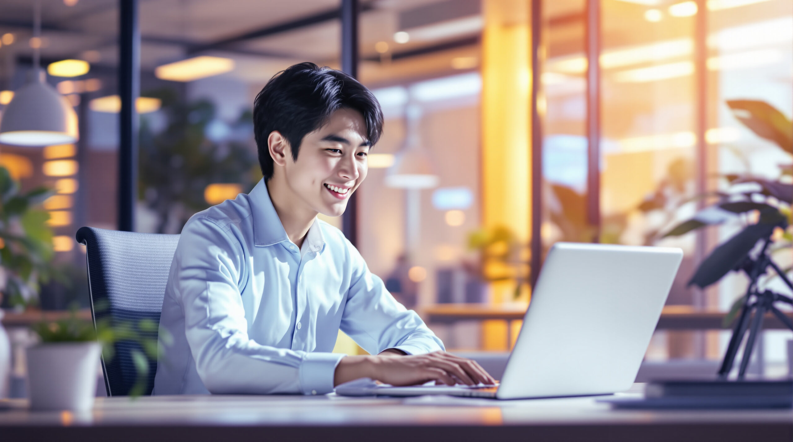 自分のPCでAIチャットボットを使い、業務効率を上げている様子の明るいイメージ写真。