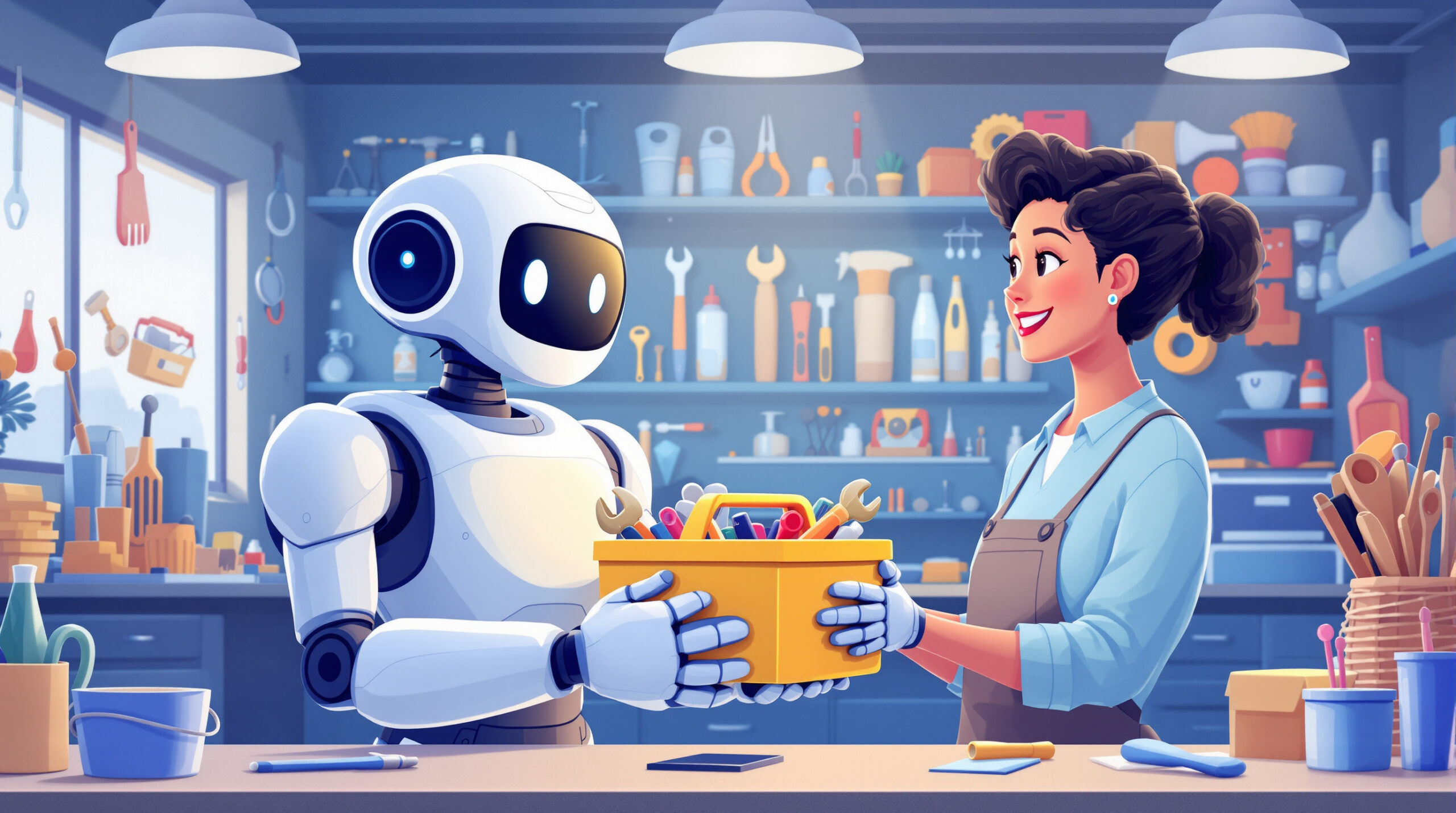ツールボックスを持ったロボットが、ユーザーと笑顔で対話しているイメージイラスト。