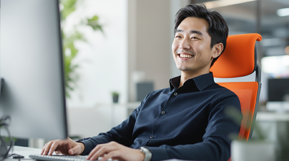 自分のPCでAIエージェントを使い、業務効率を上げている様子の明るいイメージ写真。